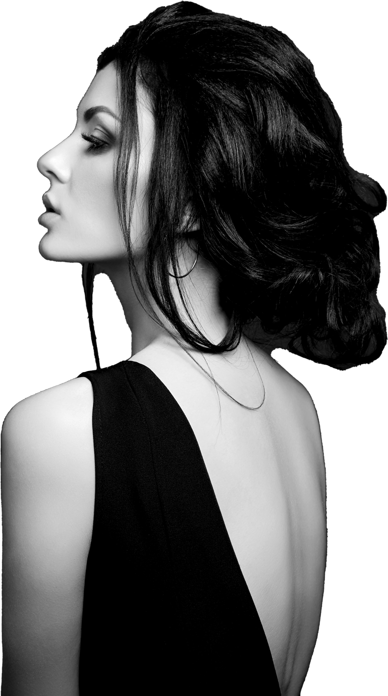 Three quarter profile of Female model wearing a black dress