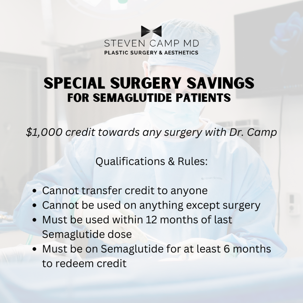 Special surgery savings for Semaglutide patients - $1,000 credit toward surgery with Dr. Camp for Semaglutide patients