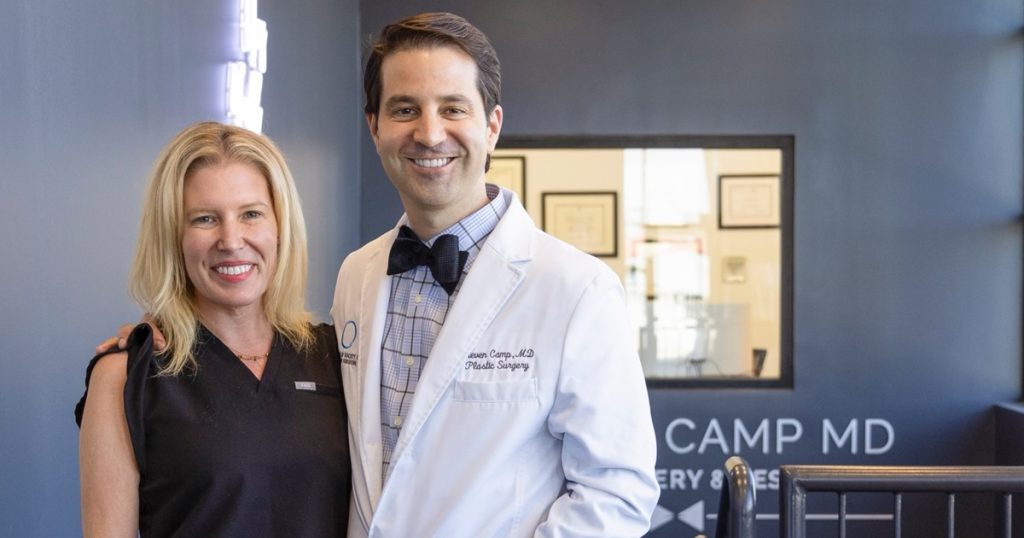Sara Camp, AG-ACNP APRN MSN, Business & Marketing Director, with her husband, Dr. Steven Camp, showing off her glowing skin
