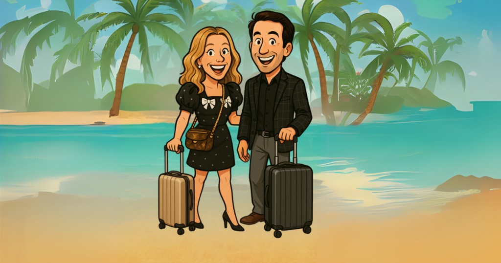 Cartoon image of Sara Camp, AG-ACNP APRN MSN-BC and Dr. Steven Camp on vacation