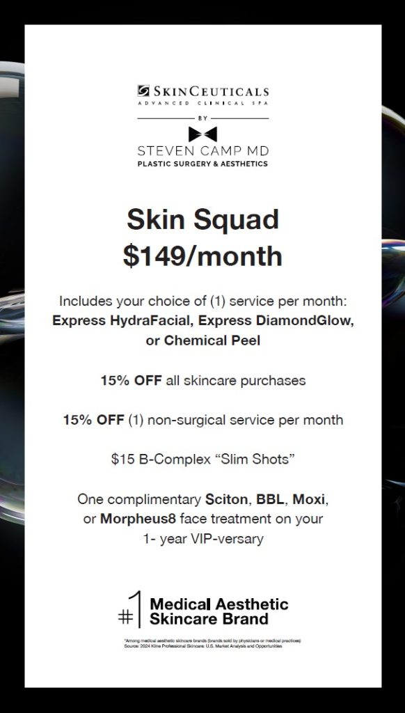 Steven Camp MD Plastic Surgery & Aesthetics Skin Squad Membership Program - $149/mo includes your choice of 1 express HydraFacial, express DiamondGlow, or chemical peel + discounts on products and services