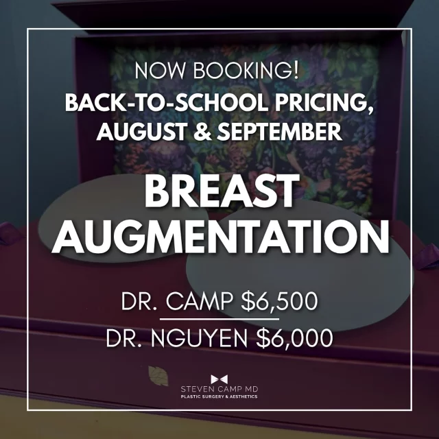 If you’ve been thinking about breast augmentation, this is the sign you’ve been waiting for. 🍒

Breast augmentation is consistently ranked as one of the top cosmetic surgeries—not just for its aesthetic benefits, but for the confidence it can bring. Whether you want to enhance your natural shape, correct asymmetry, or restore volume after pregnancy or weight loss, we’re here to help you feel more like you.

✨ For the months of August and September only, we’re offering breast augmentation surgery for $6,500 with Dr. Camp and $6,000 with Dr. Nguyen

To qualify: → Your consultation and surgery must both be completed by September 30th → A non-refundable deposit is required to reserve your surgical date → Offer is limited to available appointments only

Our special pricing includes silicone implants, anesthesia, and facility fees. Every plan is personalized to your body, your goals, and your lifestyle!

We believe your surgical journey should be empowering and informed—from the first consultation to recovery and beyond.

📅 CALL 817-228-4315 or TEXT 817-764-1330 us to schedule your consultation today. Let’s make August your month of transformation!
#BreastAugmentation #BoardCertifiedSurgeon